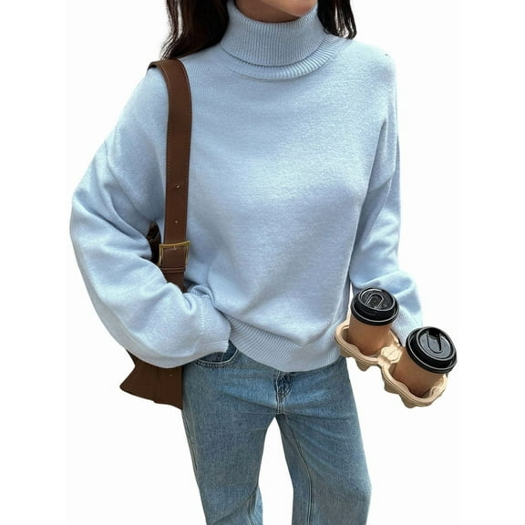 Women Turtle-Neck Sweater Chunky Long Sleeve Knitted Pullover High Low Hem Trendy Fall Winter Top Light Blue S