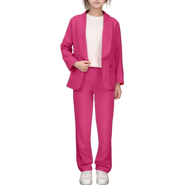 Ensemble Costume Fille Manches Longues Veste à Revers Ouverte Tenue Formelle Décontractée pour Enfants de 5 à 14 Ans
