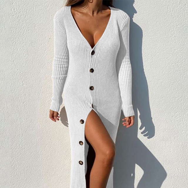 Robe Chandail Longue en Tricot à Col en V Profond pour Femmes avec Boutons, Manches Longues, Robe Maxi