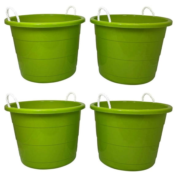 Exlonjet 17-Gallon Indoor Outdoor Storage Bucket w/Rope Handles for Sports Equipment, Party Cooler, Gardening, Toys and Laundry, Bold Lime Green (4 Pack)