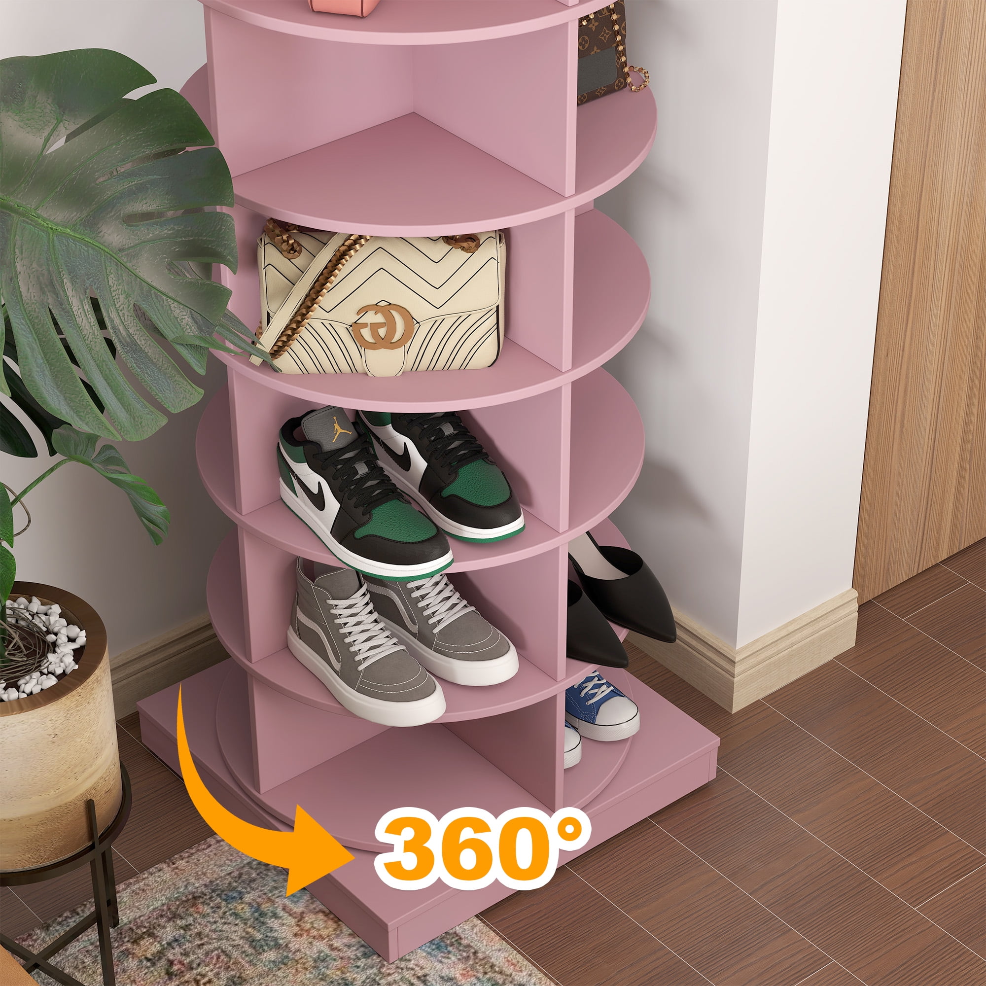 Aukfa 6-Tier Rotating Shoe Rack Storage, 360° Spinning Shoe Organizer Closet, Pink