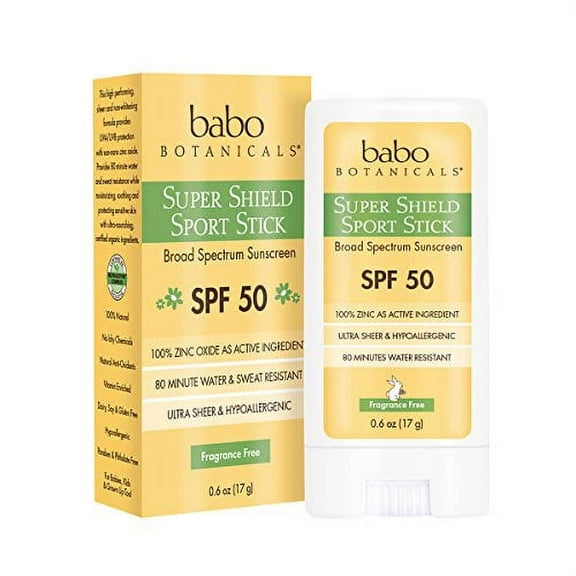 Babo Botanicals Super Shield SPF 50 Natural Sport Stick Fragrance Free Sunscreen, 0.6 Ounce