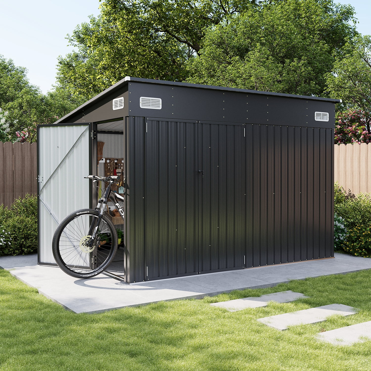 BaPiPro 10'x8' Lean-to Metal Storage Shed with Floor, Outdoor Lockable Shed with Triple Doors & Vents for Garden, Backyard, Patio - Black