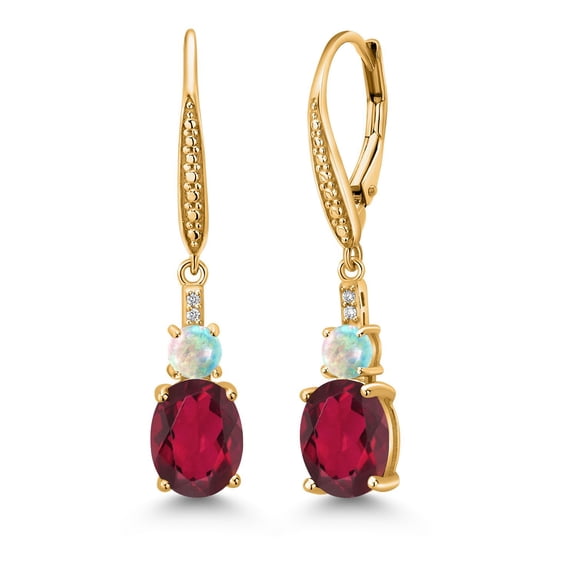 Gem Stone King 18K Yellow Gold Plated Silver Ruby Red Mystic Quartz and White Opal Dangle Earrings for Women with Lab Grown Diamond (4.13 Cttw, Oval 9X7MM)