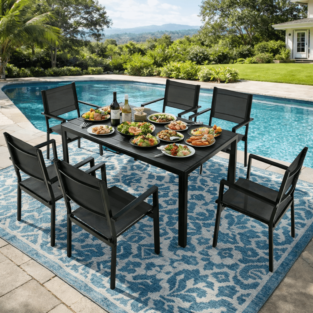 Outdoor Dining Table & Chairs, Patio Dining Sets with 6 Stackable Textilene Armchairs, All-Weather Plastic Furniture Dining Set Steel Frame and Wood Grain Top Table