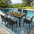 thumbnail image 2 of Outdoor Dining Table & Chairs, Patio Dining Sets with 6 Stackable Textilene Armchairs, All-Weather Plastic Furniture Dining Set Steel Frame and Wood Grain Top Table, 2 of 6
