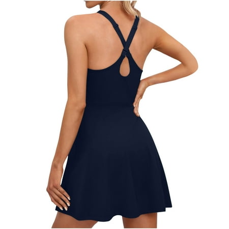 NT-Einnly Women s Tennis Dress U Neck Sleeveless Athletic Dress with Built in Shorts and Bra Sexy Backless Workout Dress with Pockets Side Slit Golf Dresses for Athletic Sports Workout