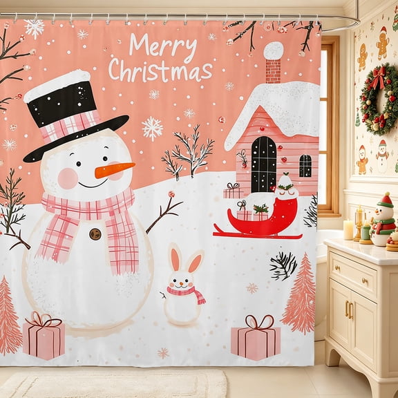 Erosebridal Snowman Village Shower Curtain 72Wx72L,Merry Christmas Bathroom Curtain,Coral