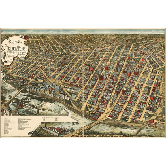 24"x36" Gallery Poster, birdseye view map of Minneapolis, Minnesota 1891