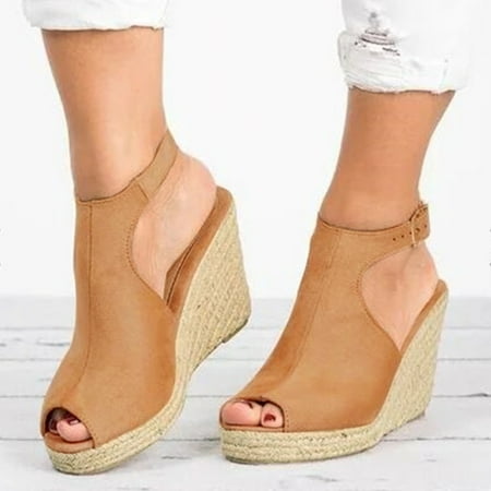 

Womens Espadrilles Wedges Sandals Women s Roman Fashion Solid Ladies Shoes Buckle Wedges Casual Sandals Strap Women s Sandals(Color:Khaki Size:6.5-7)