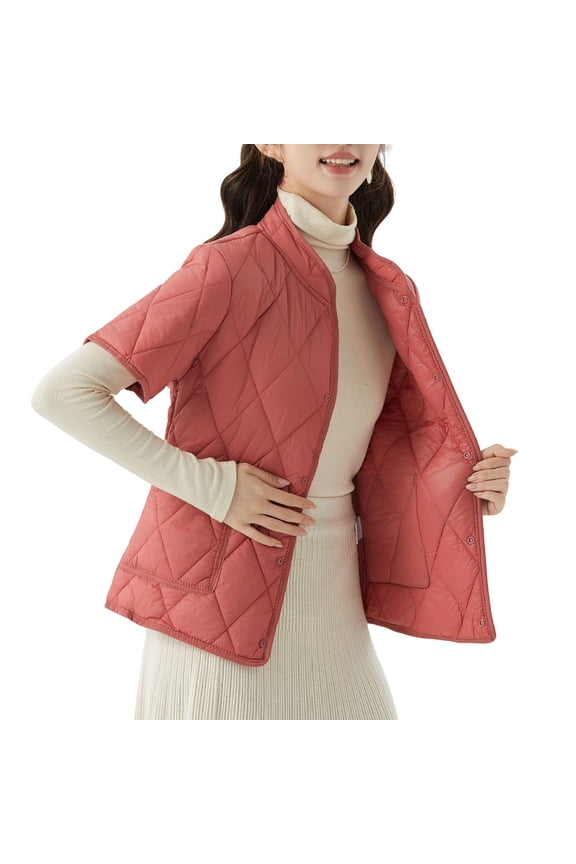 Quilted Puffer Jackets for Women Stand Collar Button Down Padded Warm Winter Coats Short Sleeve Outerwear Jacket with Pocket