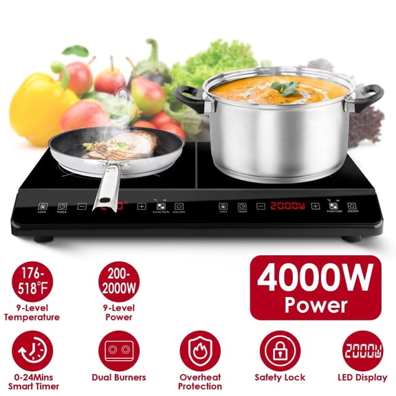 Double Induction Cooktop, Portable Dual Countertop Burner with Sensor Touch, 4000W Induction Cooktop 2 Burner, Electric Countertop Cooker with 9 Temp