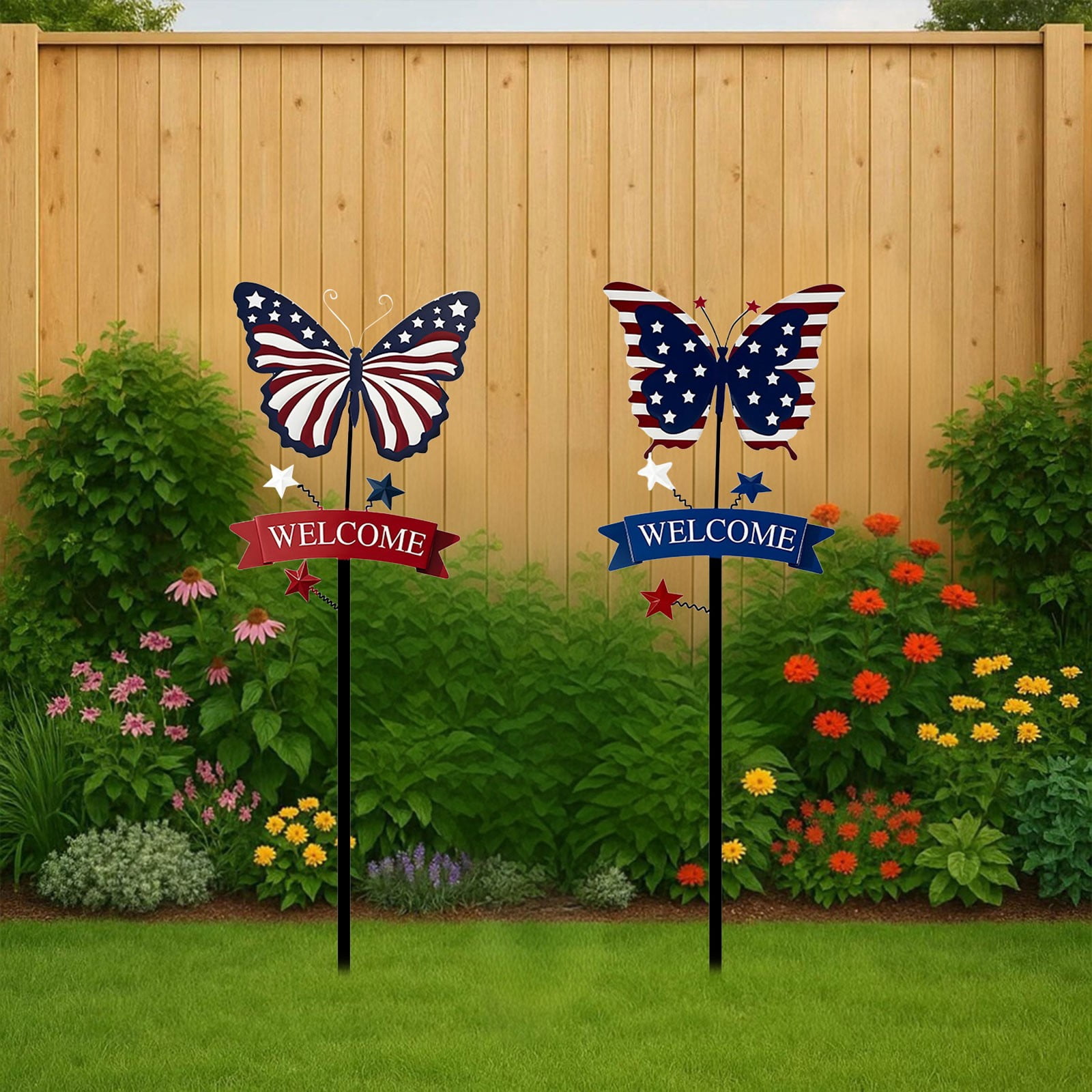 ERTZAE 2Pc Patriotic Garden Stake,15.74" Patriotic Butterfly Welcome Yard Stake,4Th Of July Decorations Outdoor,Usa Lawn Porch Yard Sign,Red White Blue Independence Anniversary Memorial Day Decor