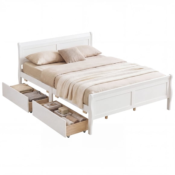 Costway Queen Size Bed Frame with Storage Drawers, Wood Platform Bed with Headboard Footboard White