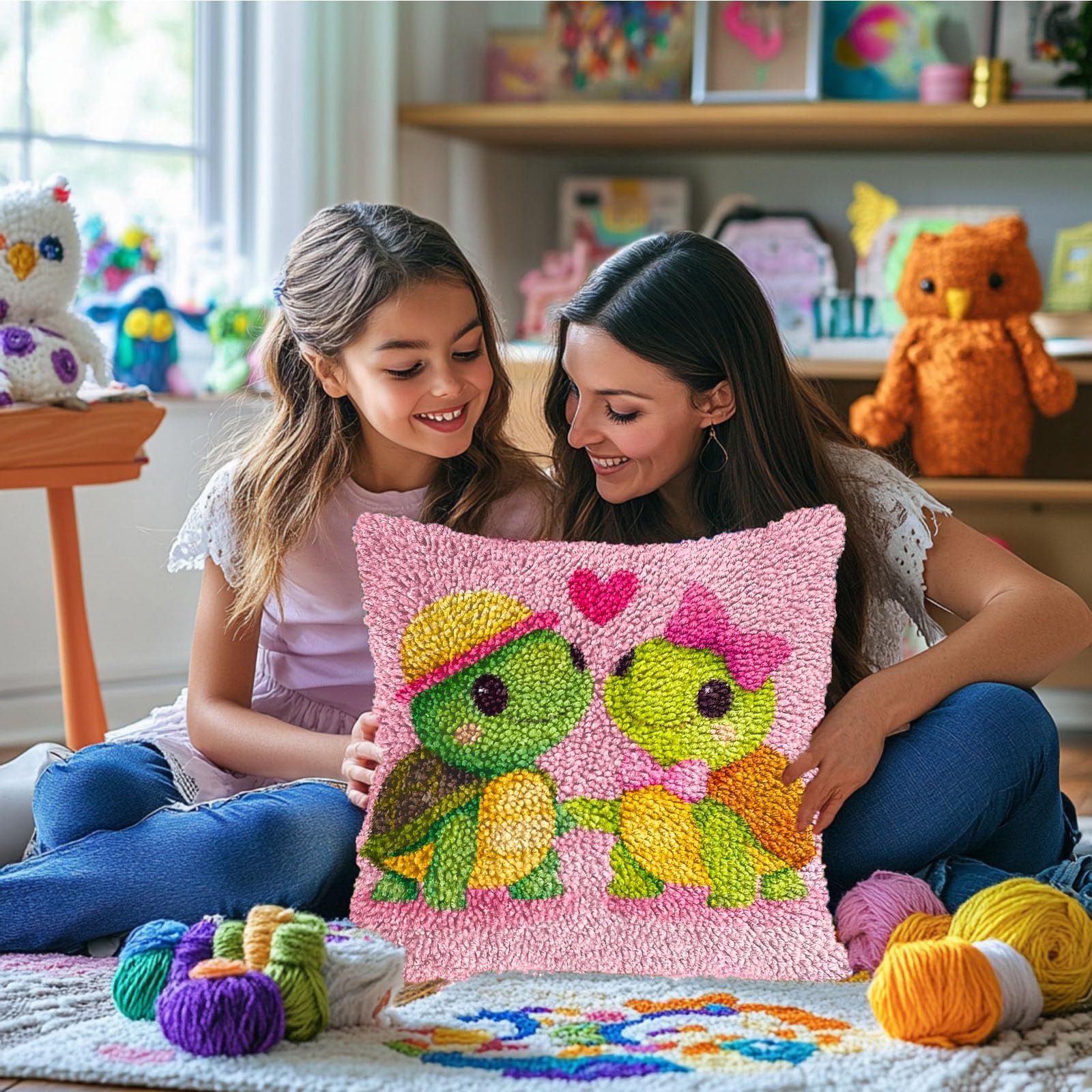 DIY Latch Hook Pillow Kits Cute Turtles in Love Printed Pillowcase Crochet Yarns Hooking Handmade Pillow Cover Cushion for Home Sofa Decoration 17x17inch-1