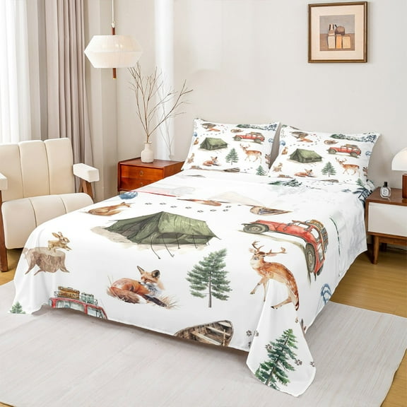 Castle Fairy Teens Fox Deer Rabbit 3pcs Twin Sheet Sets,Happy Camping Twin Fitted Sheet,Jungle Animal Breathable Flat Sheet,Lightweight Room Decor
