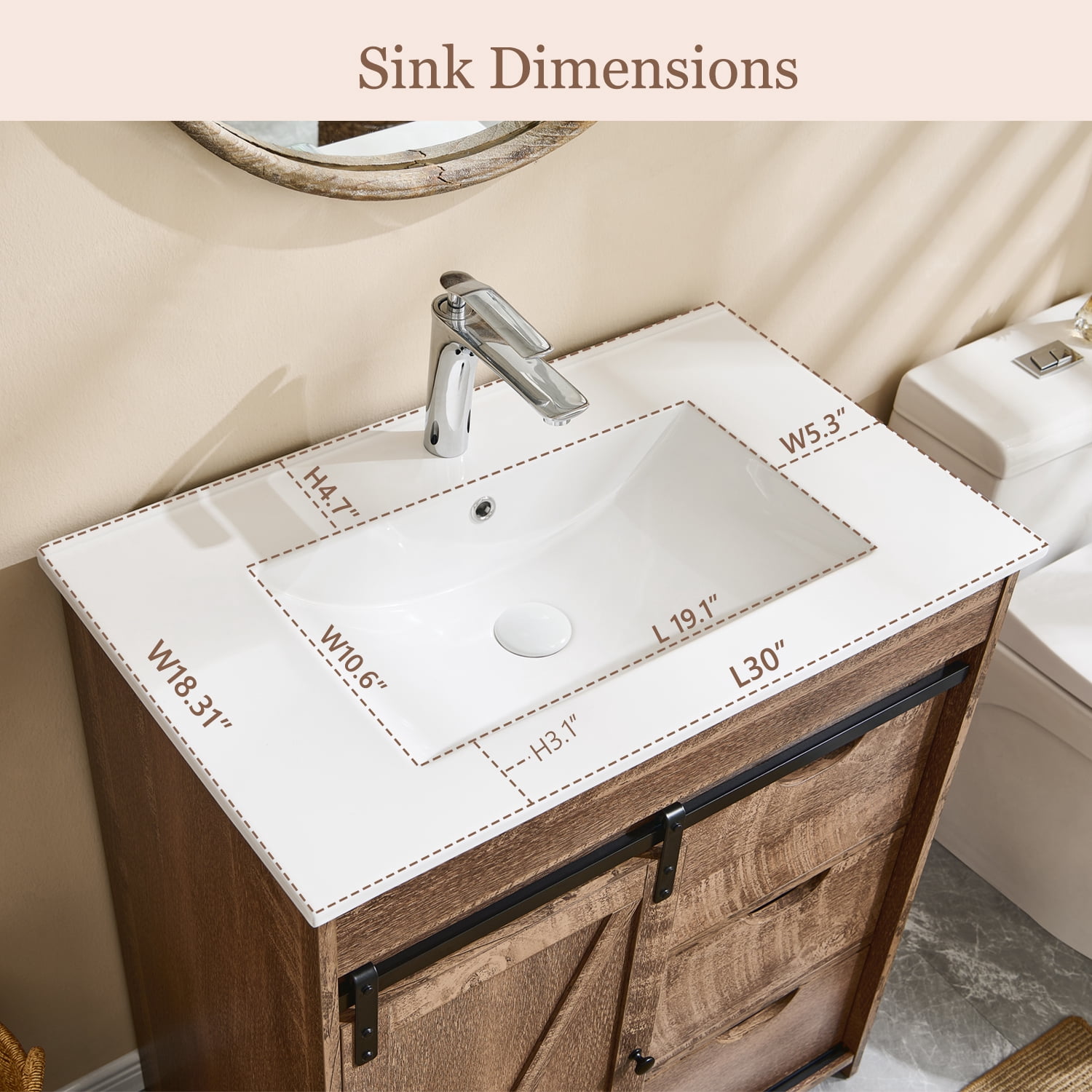 wow97e Farmhouse Bathroom Vanity with Sink, 24" Freestanding Bathroom Vanity Cabinet with Sliding Barn Door, 3 Storage Drawers & Adjustable Shelves