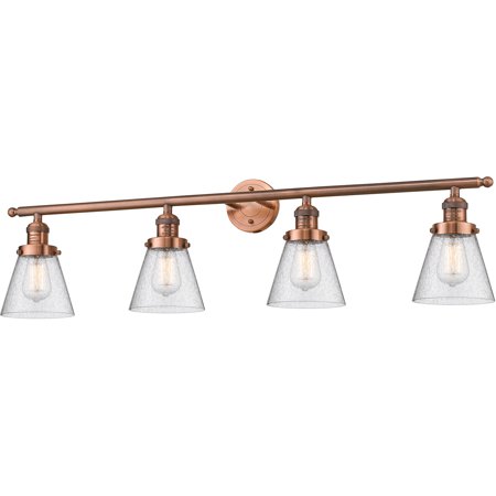 

Antique Copper Tone Bathroom Vanity 42 Wide Seedy Glass Steel/Cast Brass Medium Base LED 4 Light Fixture