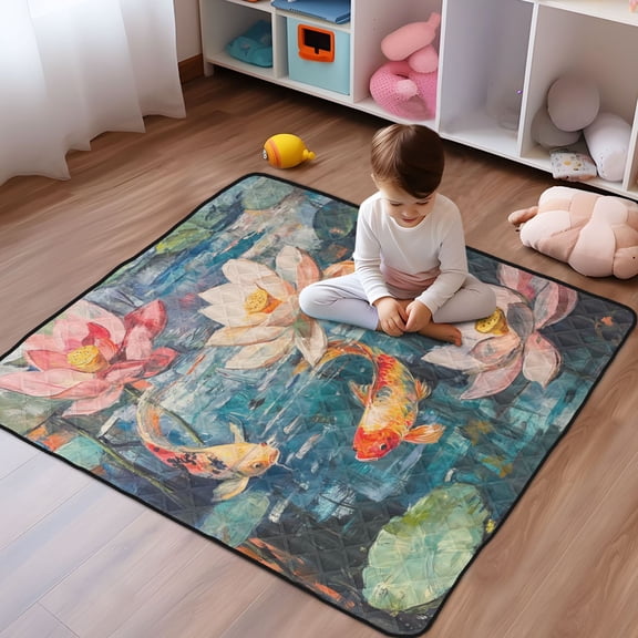 WOBOGO Goldfish in The Lotus Pond Baby Playmats Extra Large Waterproof Rollable Activity Pads for Toddlers 50×50inch
