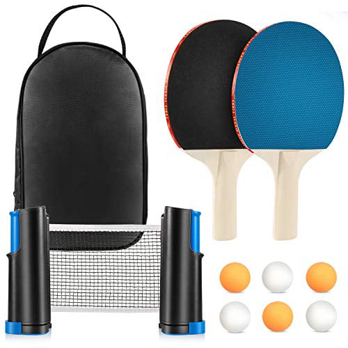 Table Tennis Game Racket Retractable Net 2 Paddle Ping Pong Bat 3 Balls Bag Set 