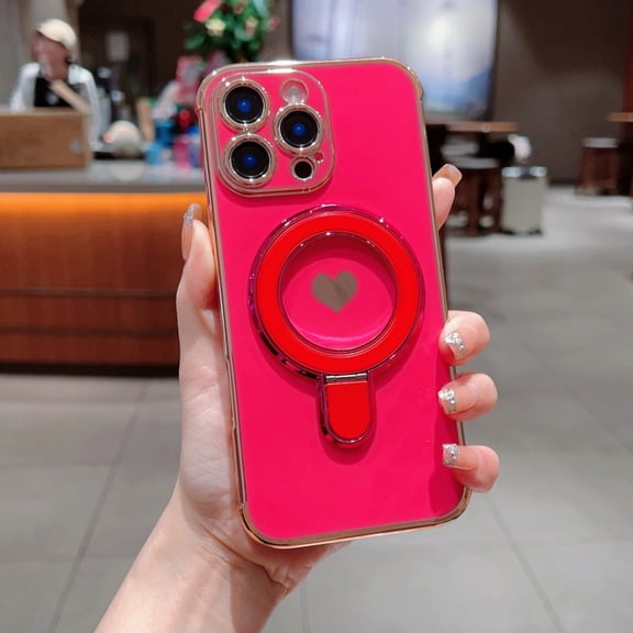 Designed for iPhone 16 Pro Case, Plating Frame Protective Ring Kickstand Holder Cute Side Heart Pattern Lightweight Shockproof Anti-Scratch Phone Case for Girls, Rose