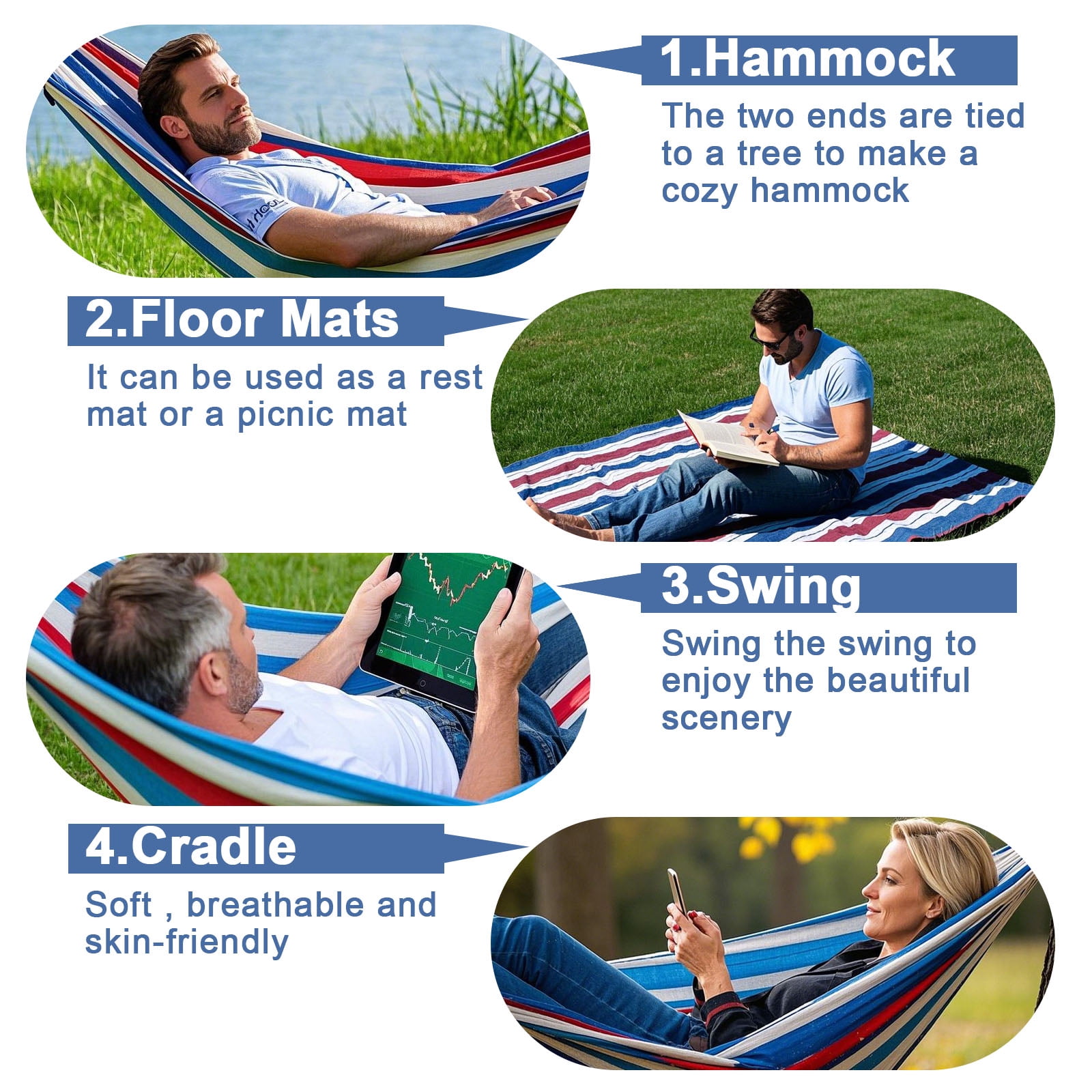 Double Hammock with Tree Swing Straps Holds 440lbs Capacity Hammock for Camping Outside Garden Outdoor Indoor Patio Backyard, Blue