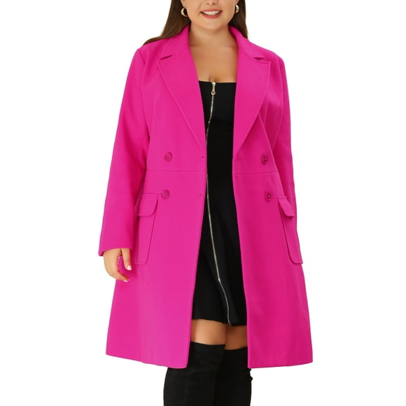 Women's Plus Size Long Winter Coats Notch Lapel Double Breasted Pea Trench Coats 2X Hot Pink