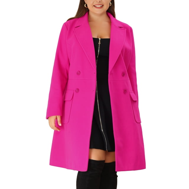 Abrigos de invierno de talla grande para mujer, con solapa de muesca, doble botonadura, abrigo tipo pea, 3X, rosa intenso