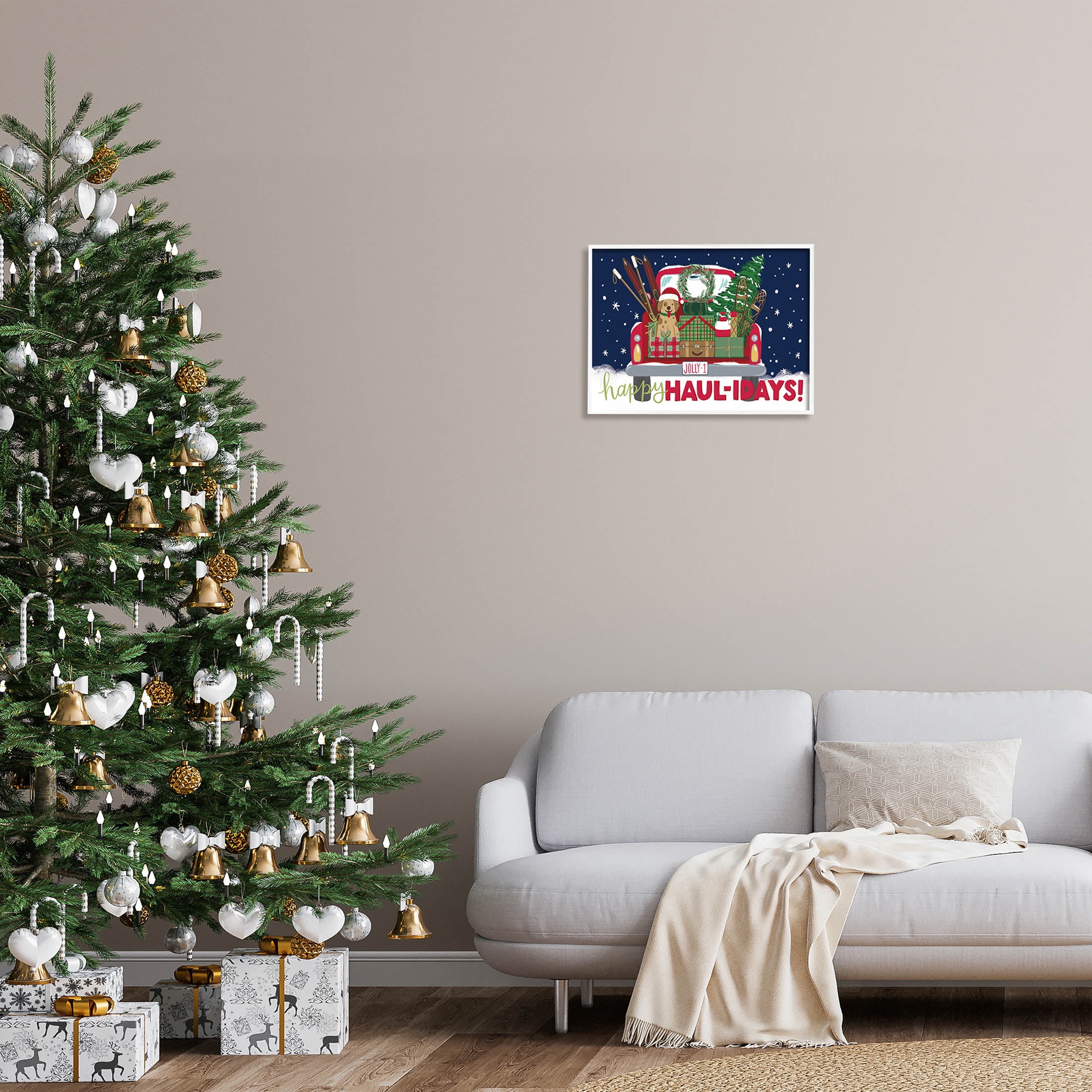 Stupell Industries Happy Haul-idays Christmas Gift Truck Graphic Art White Framed Art Print Wall Art, Design by Amanda McGee