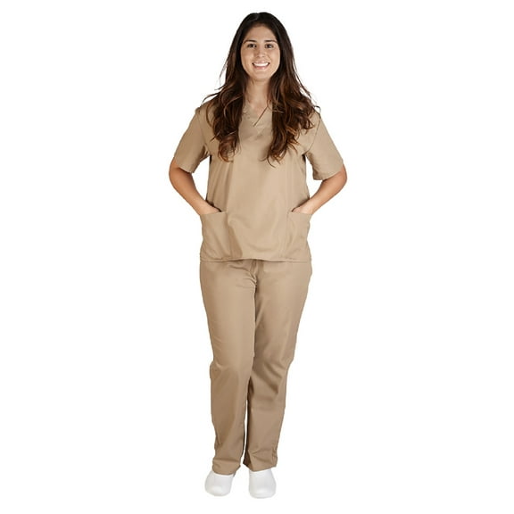 M&M Scrubs Solid Khaki Multiple Pockets 31" Inseam Scrub Set (Women's)