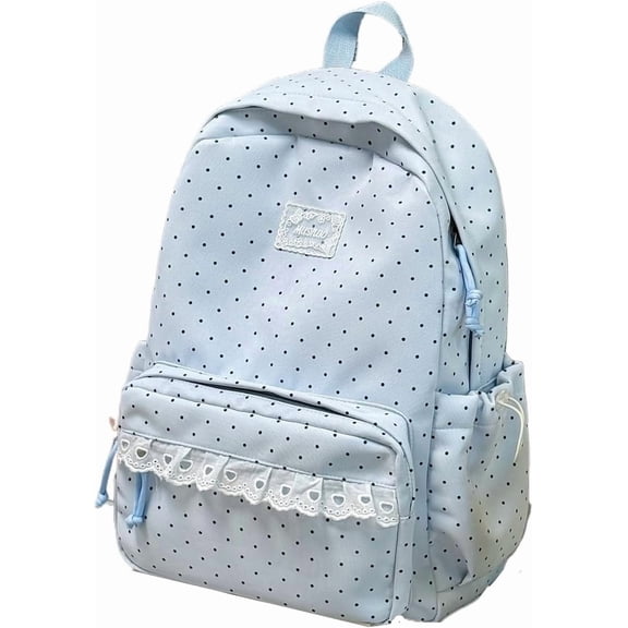 Coquette Aesthetic Backpack Cute Canvas Laptop Daypack for Women College with Lace & Polka Dot, Lightweight Large Travel Rucksack with Fluffy Keychain, Kawaii School Bag for Daily Commute (Blue)
