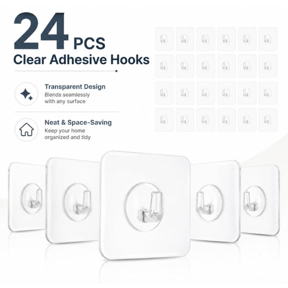 24 Piece Transparent Adhesive Hooks Set, Stick On Wall Hangers for Home Organization, TIKA
