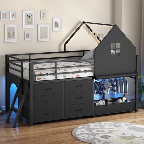 Twin Size Loft Bed with Clothing Rack & Toy Storage Box, Metal Loft Bed with LED Lights & 6 Drawers, Twin Low Loft Bed with Under-Bed Play Zone, Inclined Ladder, Safety Guardrail, Black
