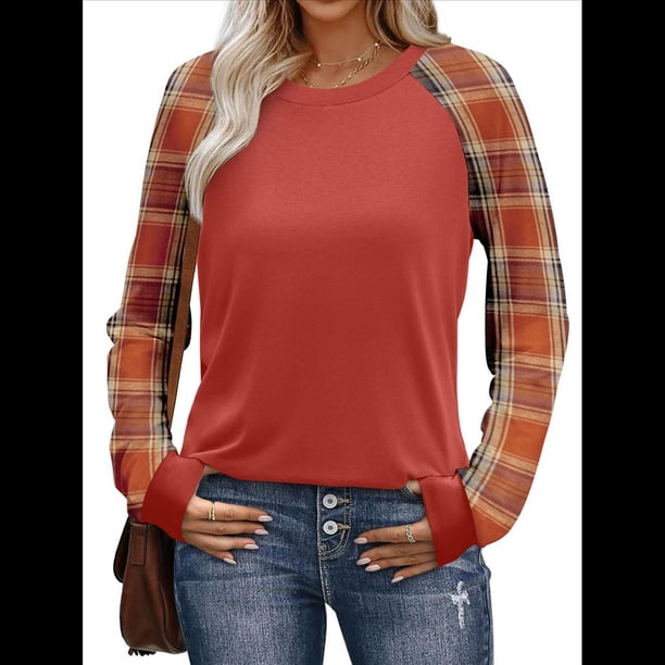 Camisas de Larga para Mujer, Blusas Raglán con Bloques de Color, Camisetas Básicas Informales de Cuello Redondo, Ropa de Otoño. Rojo Enrejado L