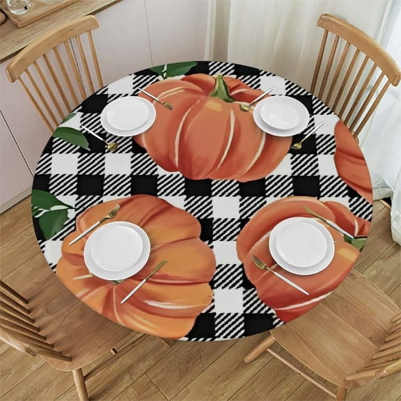 BANET Autumn Pumpkins Checkerboard Tablecloth with Elastic Edge, Round Table Cloth Washable Reusable Table Cover for Kitchen Dining Party Picnic, Medium 31"-35