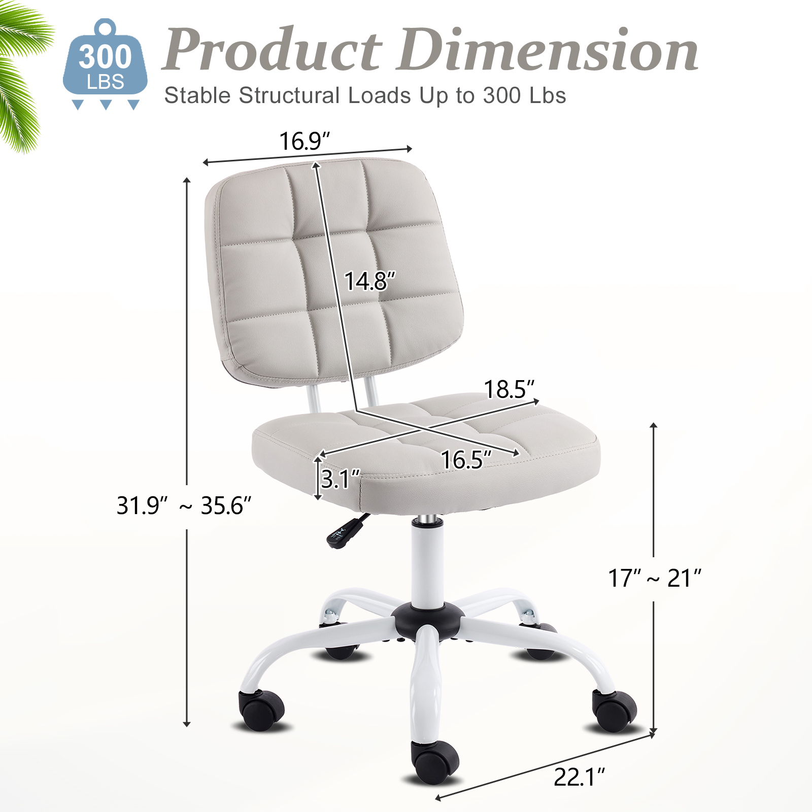 Ktaxon Armless Office Chair with Star Base PU Swivel Task Chair with 9-Grid Design for Study Room or Dressing Area Light Gray