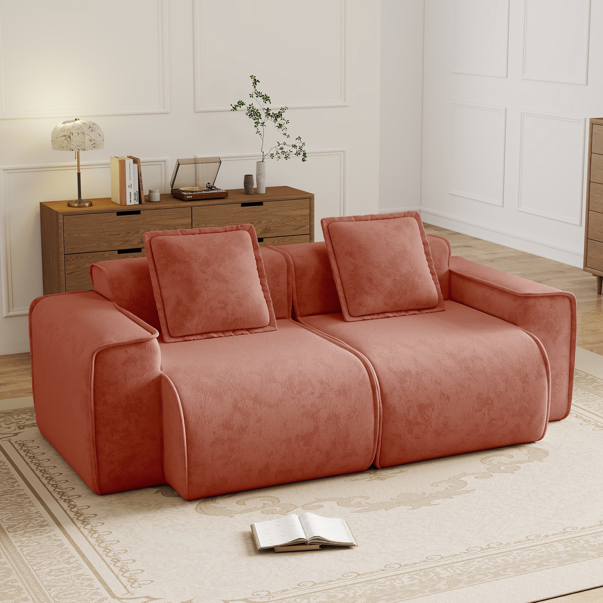 Anpport 78" Modular Sectional Cloud Loveseat Sofa, 2‑Seater Premium Velvet Upholstered Couch with Pillows, No Assembly, for Living Room, Bedroom & Small Apartment, Red