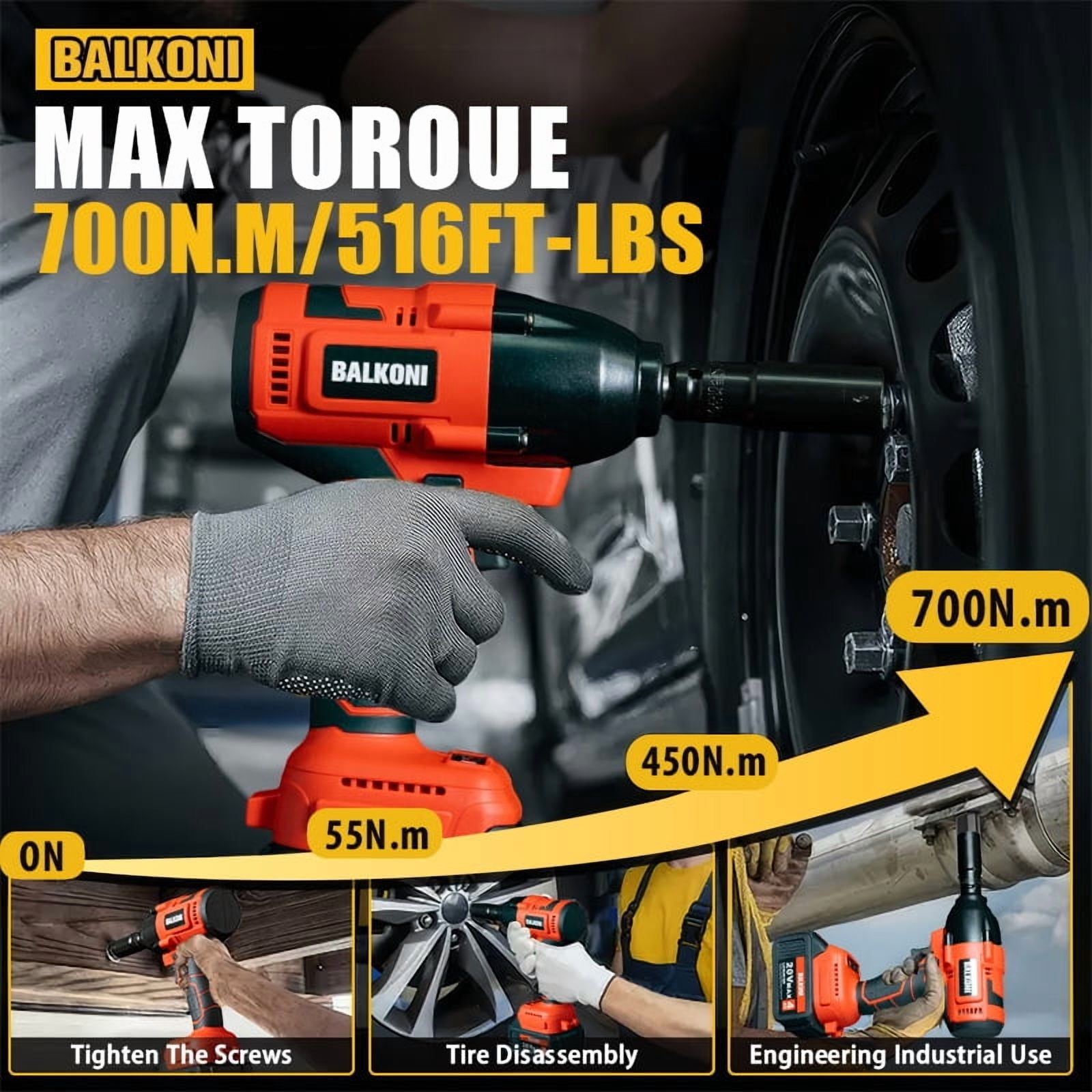 Power Cordless Impact Wrench 1/2", 20V Impact Brushless Motor with 2 x 4.0Ah Batteries, 3-Mode Speed & Max Torque 516 ft lbs (700N.m), Power Impact Wrench with 7 Sockets for Home Car