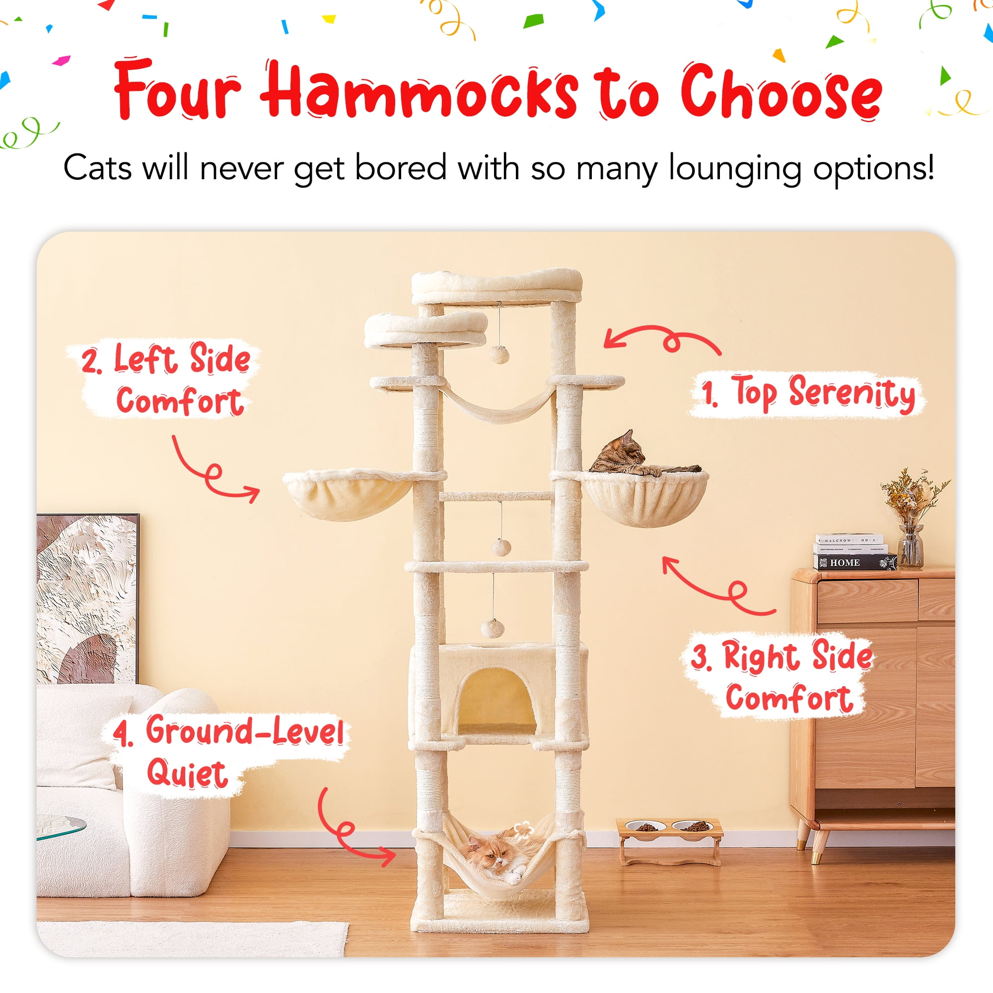 Furcato 77-Inch Cat Tree for Indoor Cats, Multi-Level Large Cat Tower with 4 Hammocks, 2 Padded Perches, Large Cat Condo, Beige