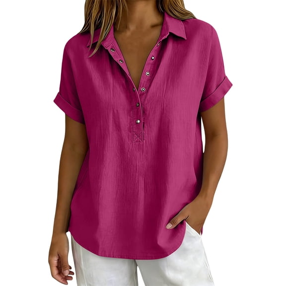 Duoif Women's Lapel Collar Cotton Linen Top Short Sleeve High Low Hem Casual Blouse Summer 2026, Hot Pink, L