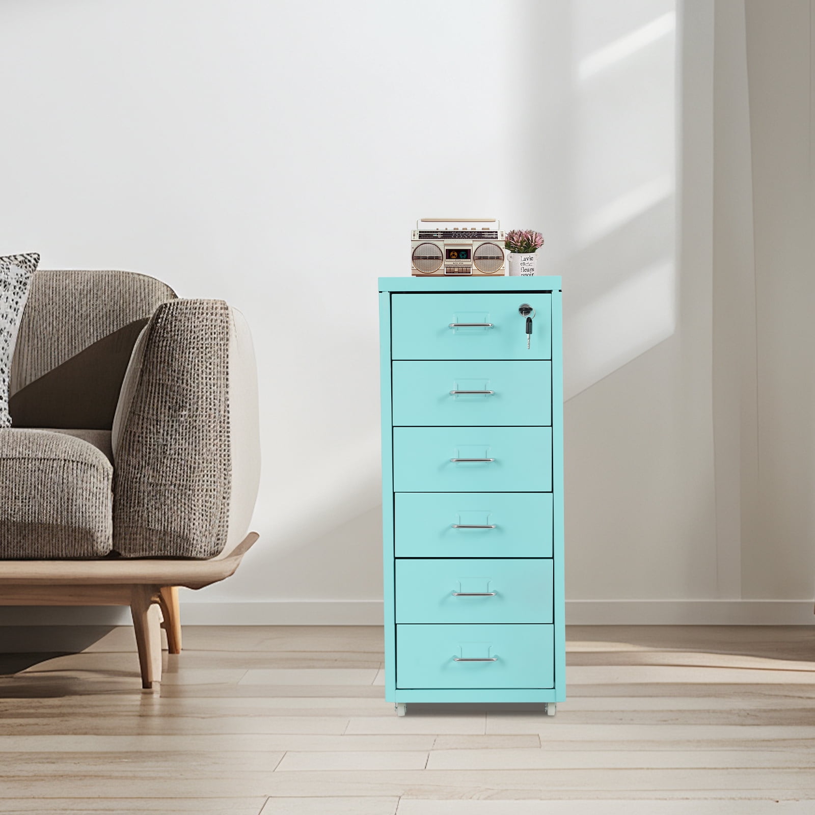 1 PCS  Rectangular Filing Cabinet with Wheels 6 Tiers Vertical File Cabinet, Drawer Type Blue Color Metal File Cabinet with Lock, used in Home, Office, Store, Shop