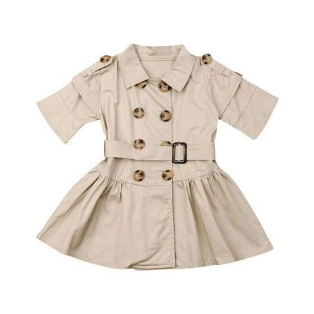 Toddler Baby Girls Wind Coat Dress Short Sleeve Fold Collar Double Breasted Belt Khaki Outerwear