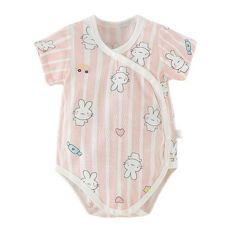 Zwiiyzr 0-2T Unisex Cotton Cute Infant Romper One-Piece Baby Bodysuit Newborn Button Front Short Sleeve Infant Neutral Outfits Pink