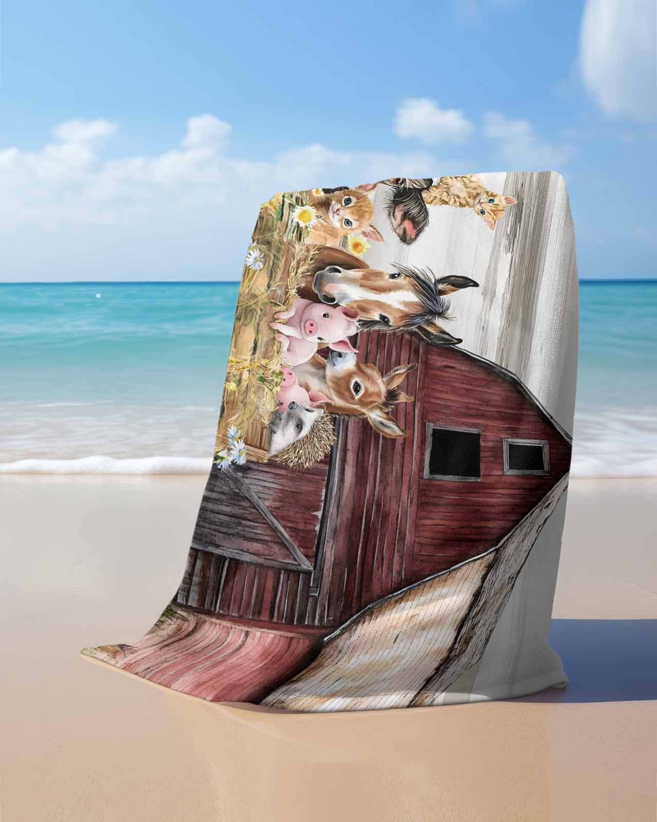 Farmhouse Animals Beach Towels Oversized Super Absorbent, Cow Pig in Fence Retro Wood Barn Lightweight Bath Towel Quick Dry Sets For Bathroom/Pool/Rv Camping/Beach Play/Gym Room/Picnic 30"x60"