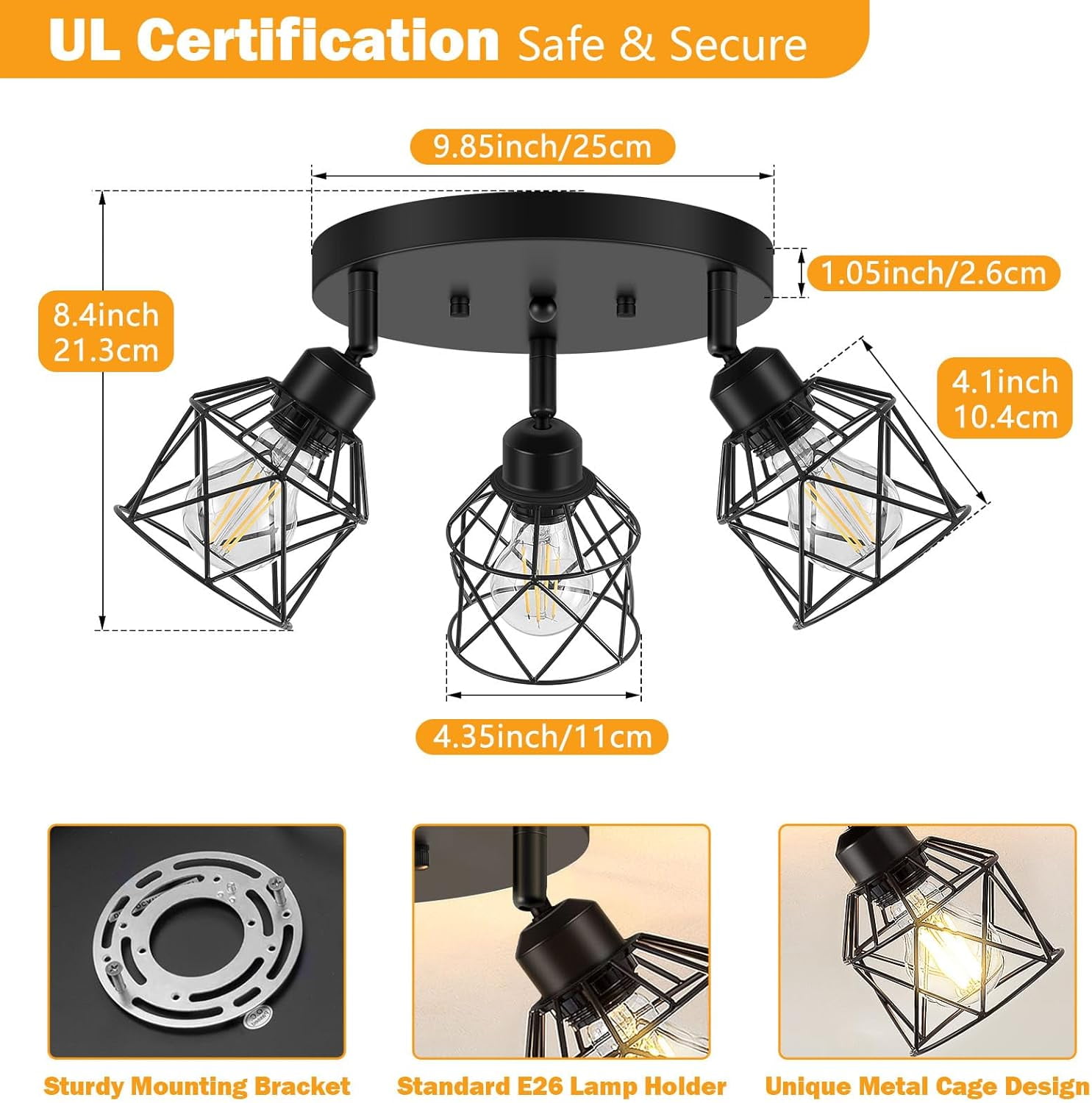Kitchen Light Fixtures Ceiling Mount, Black Ceiling Light Fixtures 3-Light Adjustable Semi Flush Mount Ceiling Light, Multi-Directional Ceiling Lights for Kitchen Hallway Dining Room(E26 Base)