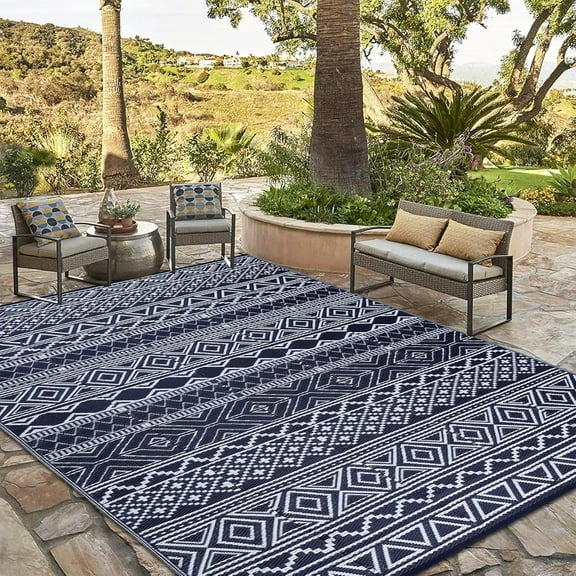 Outdoor Rug, Outdoor Plastic Straw Rug, Outdoor Rugs 9x12 for Patios Clearance Waterproof  Rug, Camping Rugs for Outside Rv, Grey  Woven Rugs for Yard, Deck, Dark Blue   White