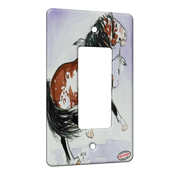 KuzmarK™ 1 Gang Rocker Wall Plate - Bay Overo Pinto Indian War Pony Horse Art by Denise Every