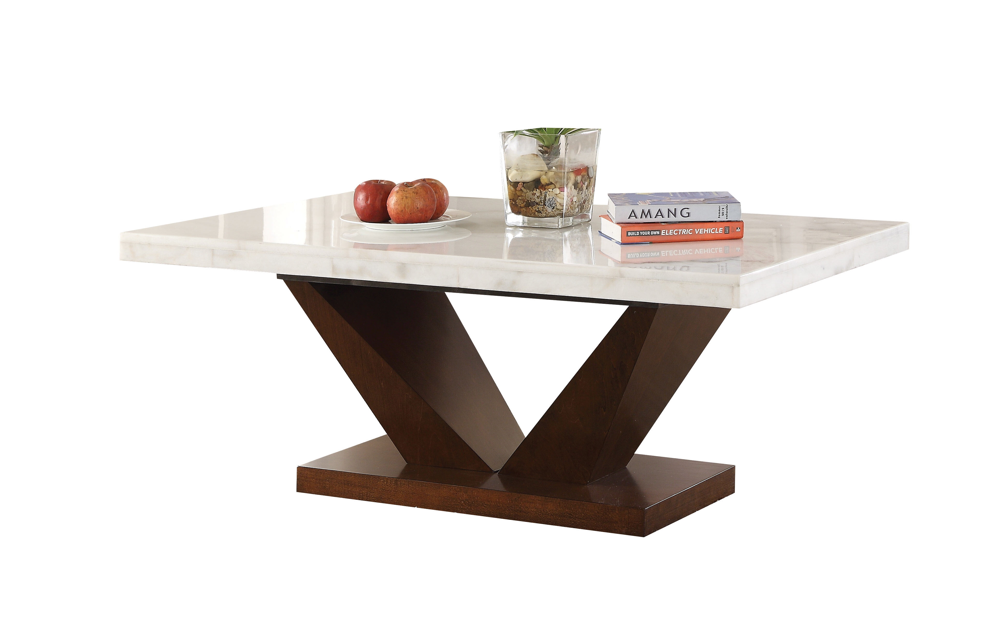 ACME Forbes Marble Top Coffee Table with V-Shaped Base in White and Walnut