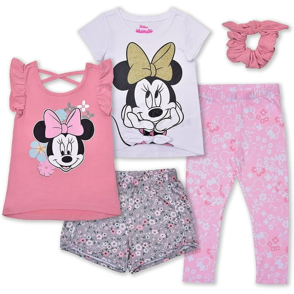 Minnie Mouse Girls 4 Piece 2 Short Sleeve Tee Short and Legging Set with Scrunchie, Toddler
