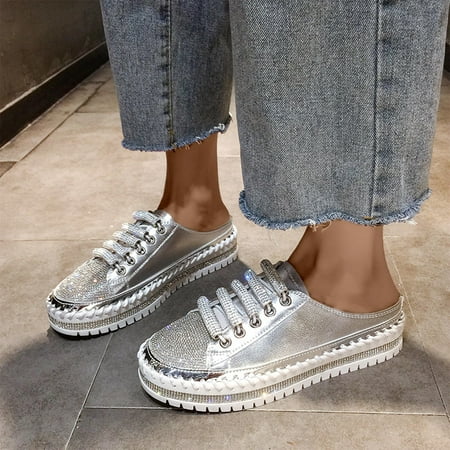 

Lhked Women s Baotou Half Slippers Flat Bottom Rhinestone Thick Sole One Foot Pedal Shoes